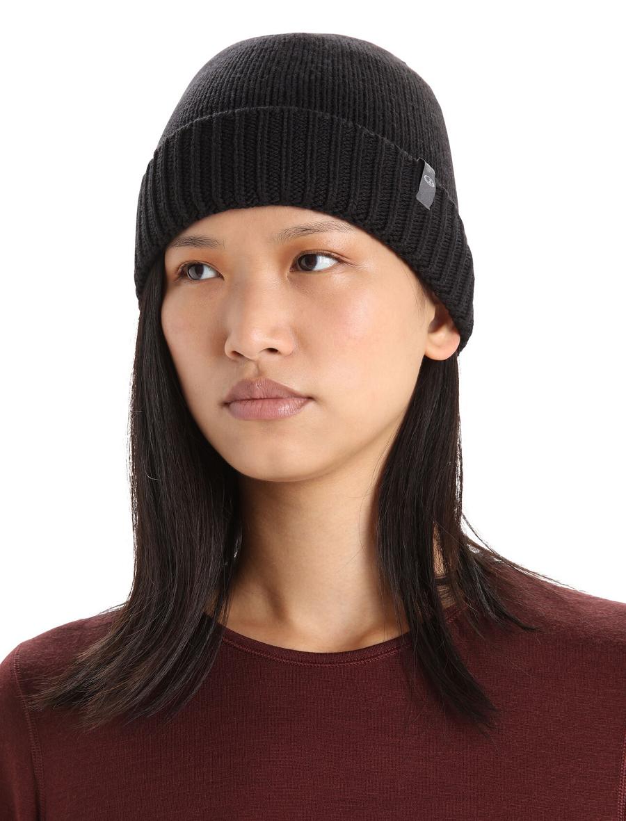 Black Men's Icebreaker Unisex Merino Vela Cuff Beanie Hats | USA 1090KORI